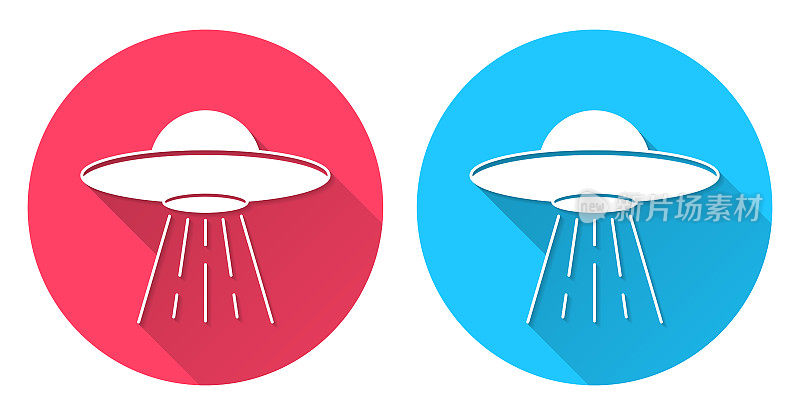 UFO -有光束的飞碟。圆形图标与长阴影在红色或蓝色的背景